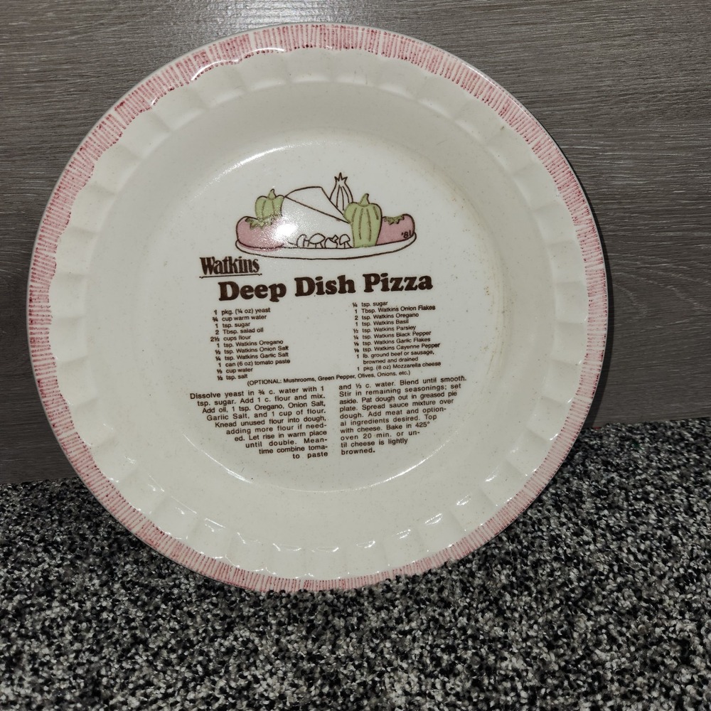 Vtg Watkins Deep Dish Pizza Recipe Ceramic Pie Plate Dish Rare HTF Discontinued